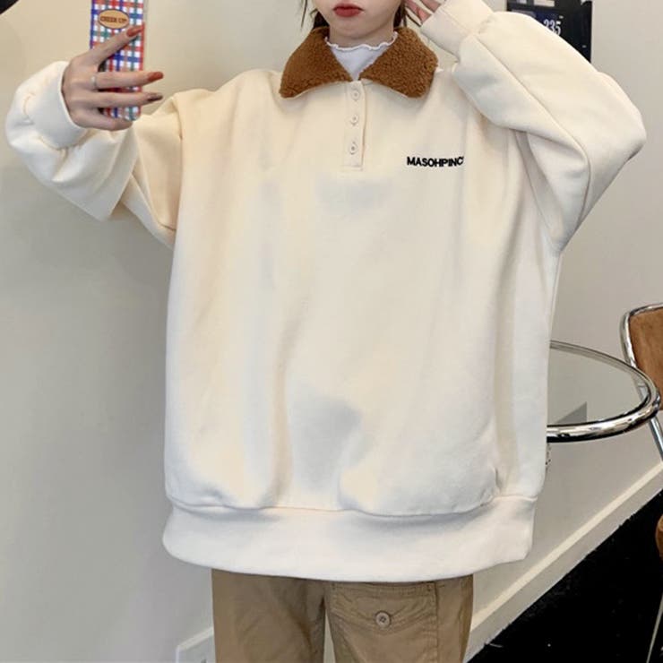裏起毛オーバーサイズトレーナー 韓国ファッション poloネック