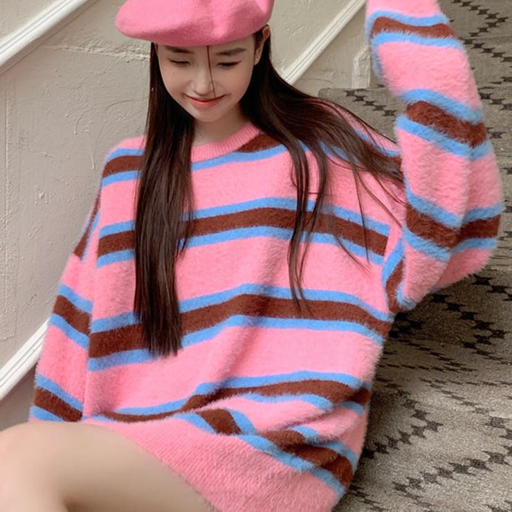 カラ－ボーダーフェザーニットプルオーバー シャギー 韓国ファッション  