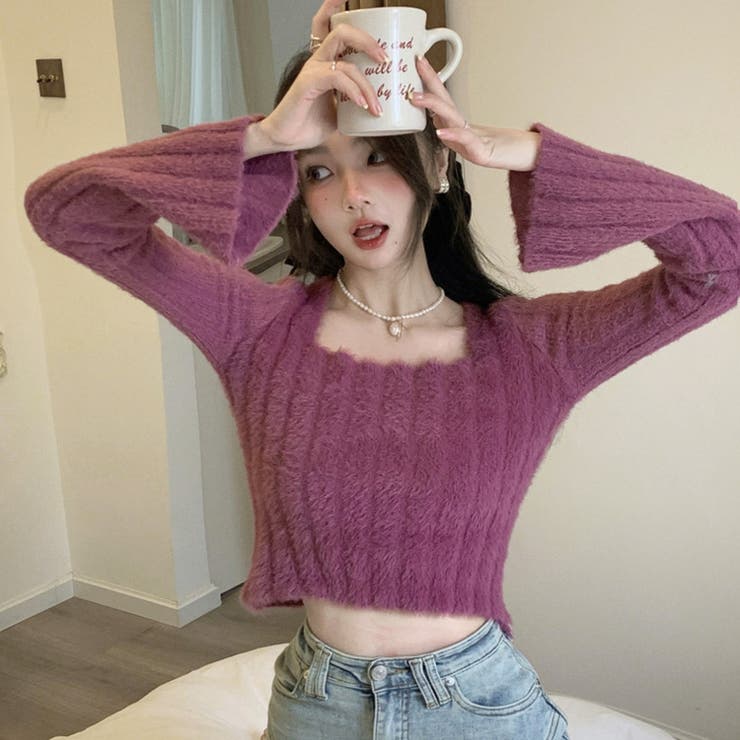 もちもちスクエアネックモヘアニット フェザー シャギー[品番 