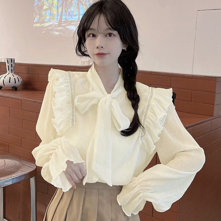 韓国 2点セット リボン ブラウス キャンディスリーブ スカート セットアップ ツーピース 上下セット トップス ボウタイブラウス
