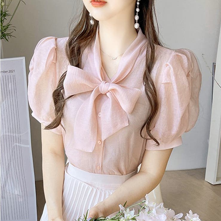ピンク | ボウタイシアーブラウス 春 韓国ファッション | Sibra