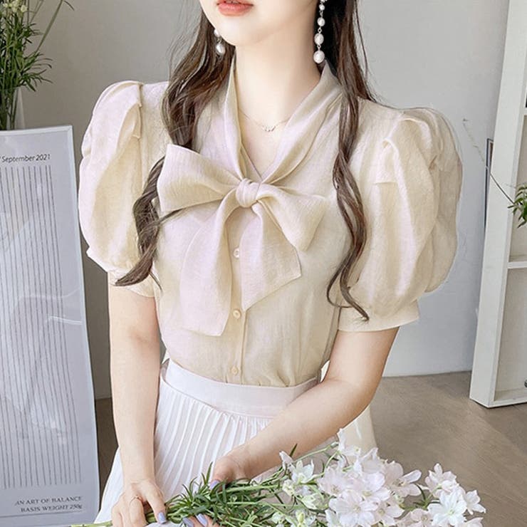 アイボリー | ボウタイシアーブラウス 春 韓国ファッション | Sibra