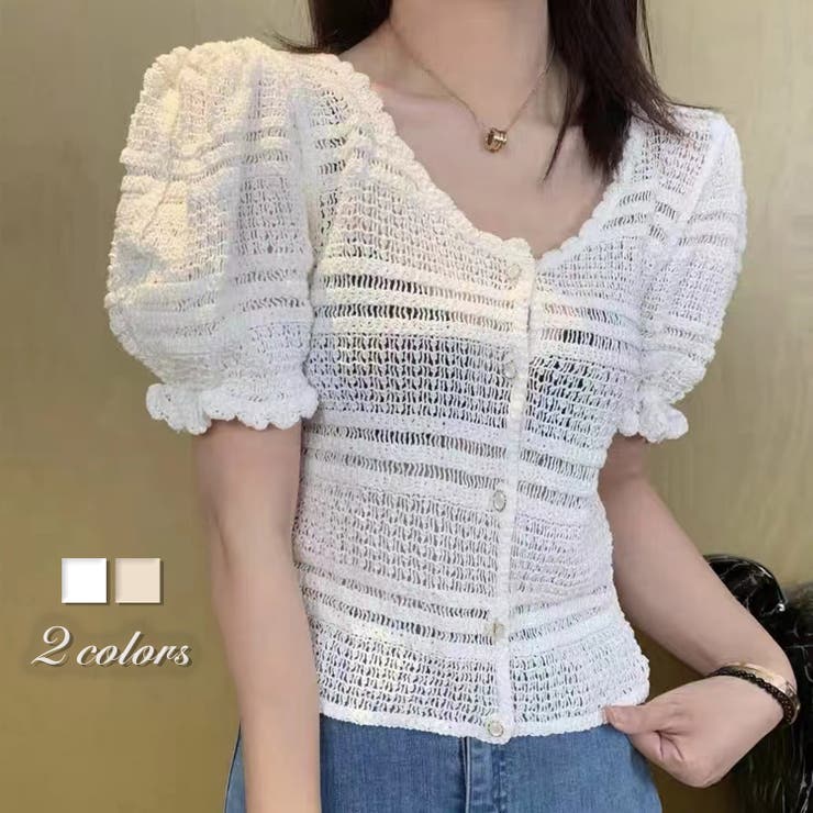 パフスリーブかぎ編み半袖カーディガン 韓国ファッション 夏服