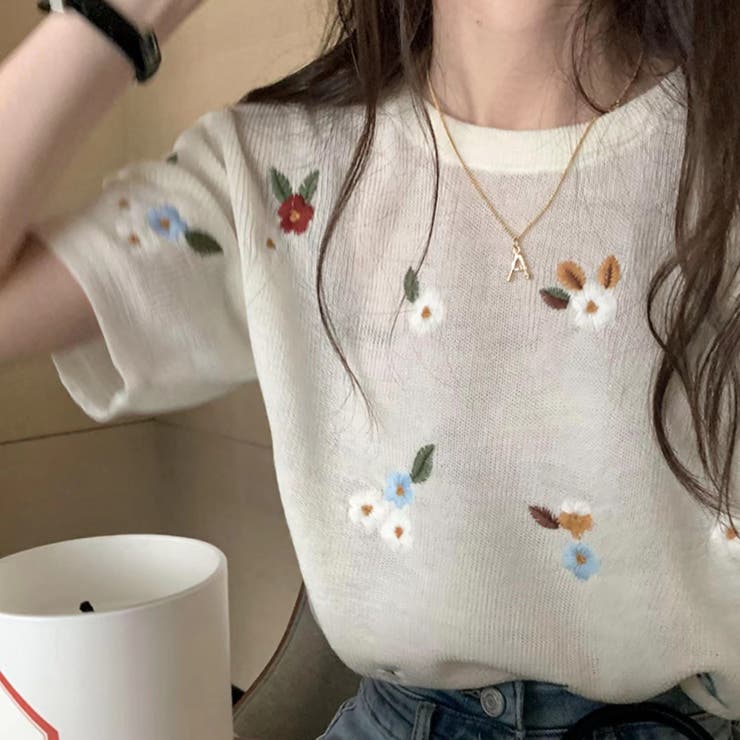 刺繍花柄ニットトップス 透かし 夏服 | Sibra | 詳細画像4 
