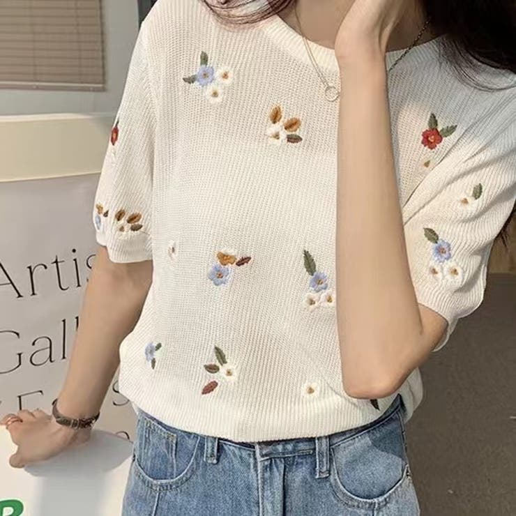 刺繍花柄ニットトップス 透かし 夏服 | Sibra | 詳細画像6 