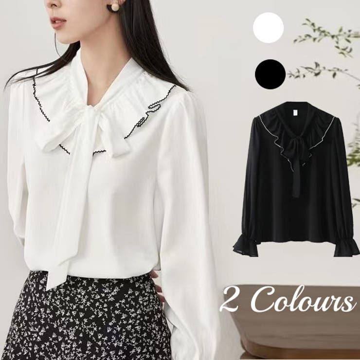 フリルスリーブVネックボウタイリボンブラウス 春 韓国ファッション | Sibra | 詳細画像1 