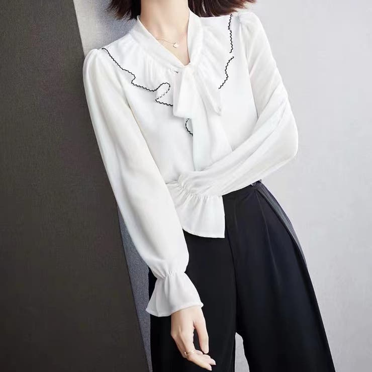 フリルスリーブVネックボウタイリボンブラウス 春 韓国ファッション | Sibra | 詳細画像4 