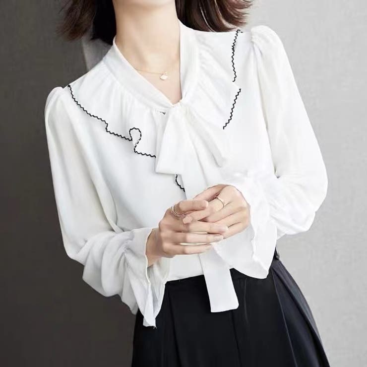 フリルスリーブVネックボウタイリボンブラウス 春 韓国ファッション | Sibra | 詳細画像5 