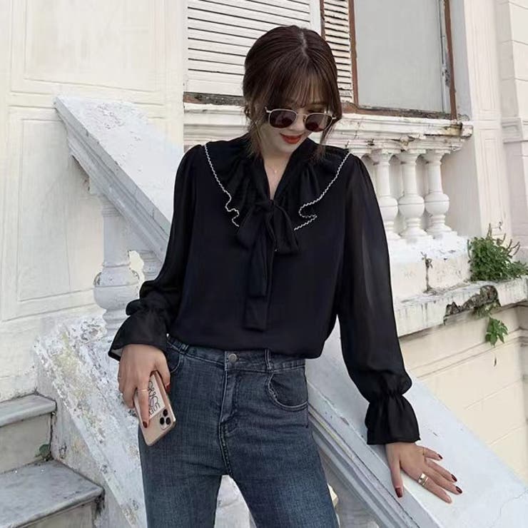 ブラック | フリルスリーブVネックボウタイリボンブラウス 春 韓国ファッション | Sibra