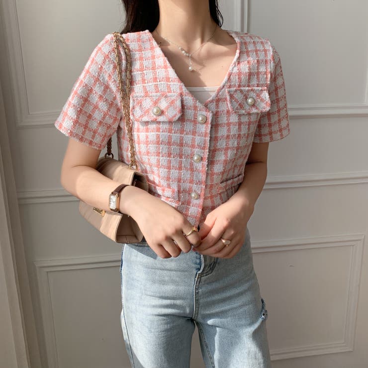 半袖ツイードショート丈トップス 夏 韓国ファッション[品番