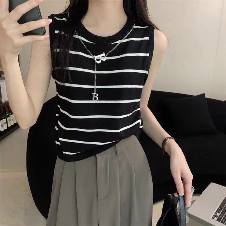 ストライプノースリーブニットトップス 韓国ファッション オフィス