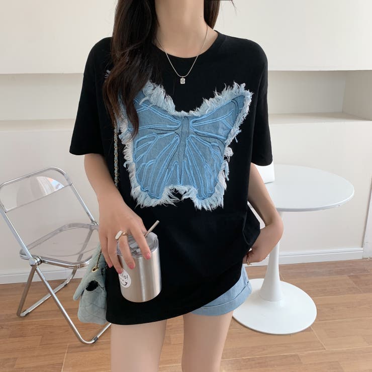 デニム刺繡蝶々綿100％Tシャツ シャツ 韓国ファッション | Sibra | 詳細画像10 