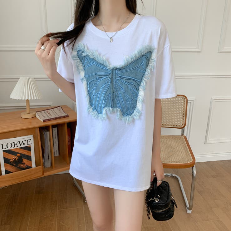 デニム刺繡蝶々綿100％Tシャツ シャツ 韓国ファッション | Sibra | 詳細画像13 