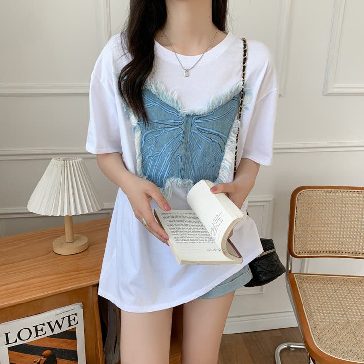 デニム刺繡蝶々綿100％Tシャツ シャツ 韓国ファッション | Sibra | 詳細画像14 