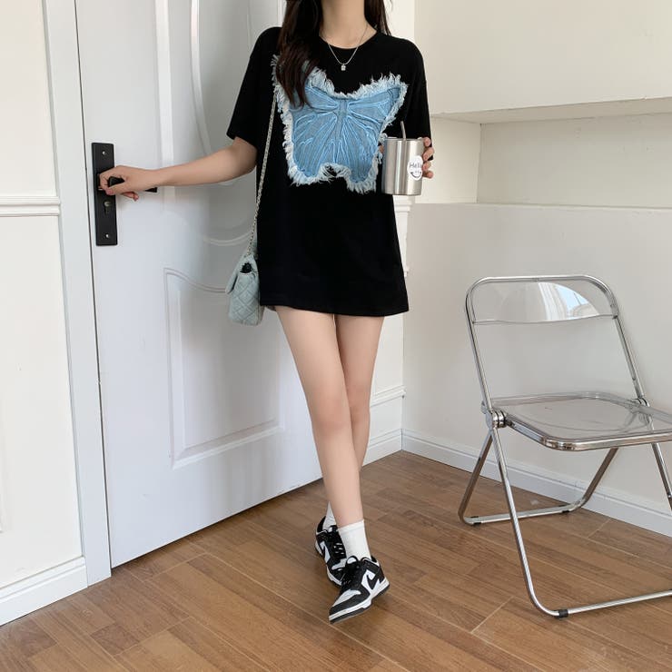 デニム刺繡蝶々綿100％Tシャツ シャツ 韓国ファッション | Sibra | 詳細画像18 