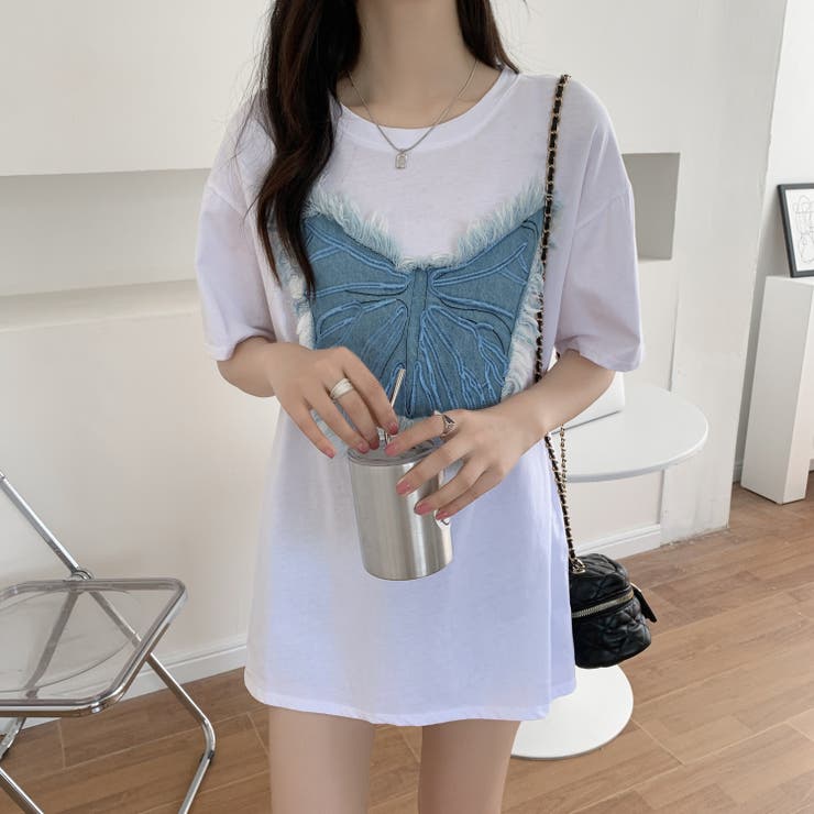 デニム刺繡蝶々綿100％Tシャツ シャツ 韓国ファッション | Sibra | 詳細画像19 