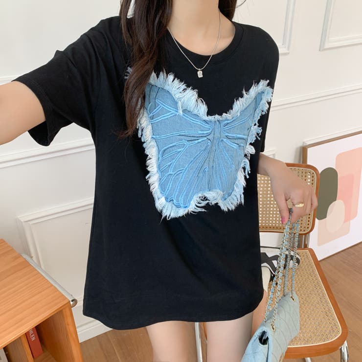 デニム刺繡蝶々綿100％Tシャツ シャツ 韓国ファッション | Sibra | 詳細画像20 