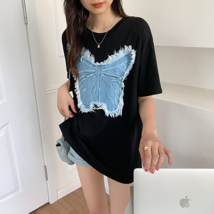 デニム刺繡蝶々綿100％Tシャツ シャツ 韓国ファッション | Sibra | 詳細画像21 