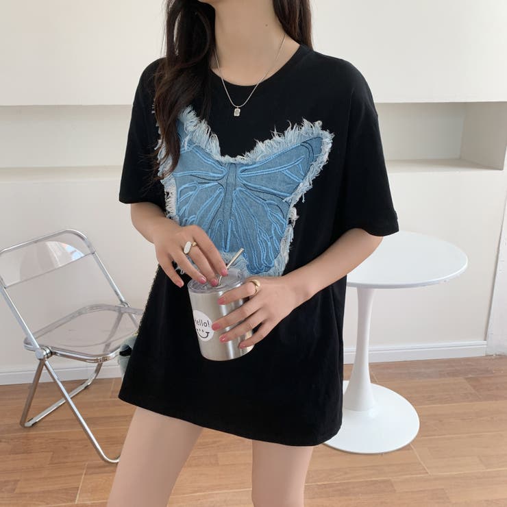 デニム刺繡蝶々綿100％Tシャツ シャツ 韓国ファッション | Sibra | 詳細画像22 