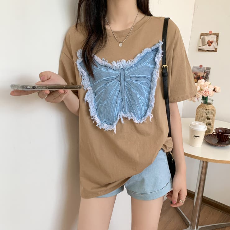 デニム刺繡蝶々綿100％Tシャツ シャツ 韓国ファッション | Sibra | 詳細画像23 