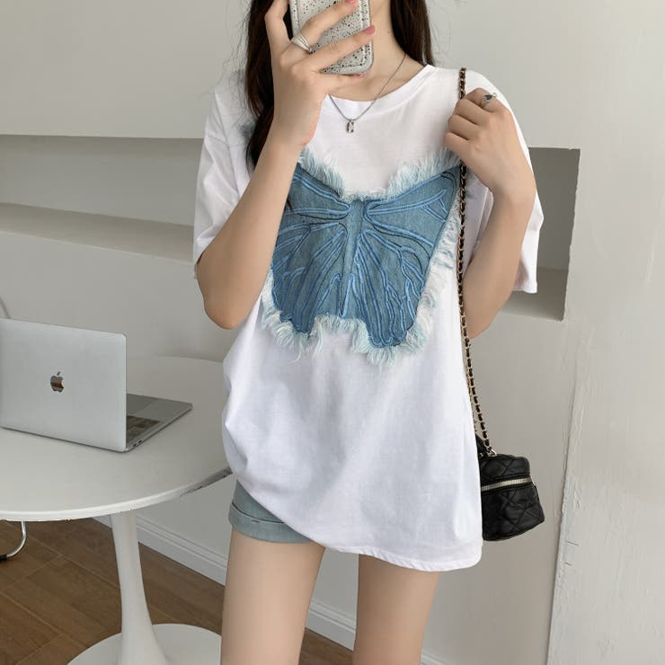 デニム刺繡蝶々綿100％Tシャツ シャツ 韓国ファッション | Sibra | 詳細画像27 