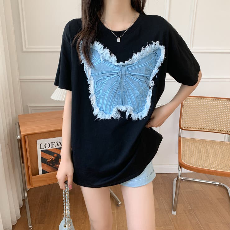 ブラック | デニム刺繡蝶々綿100％Tシャツ シャツ 韓国ファッション | Sibra