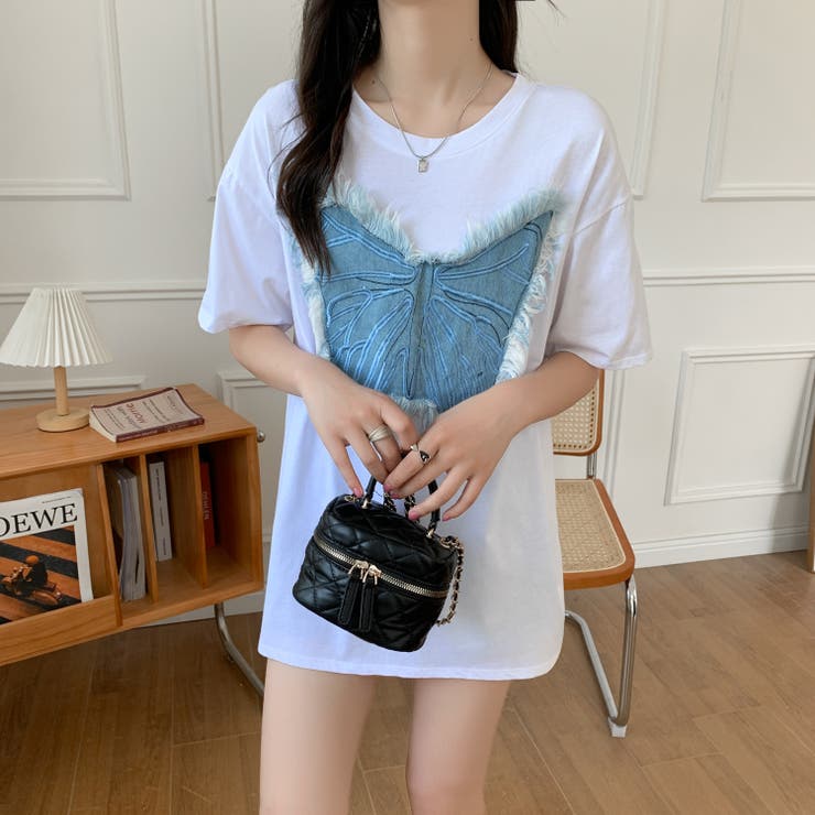 ホワイト | デニム刺繡蝶々綿100％Tシャツ シャツ 韓国ファッション | Sibra