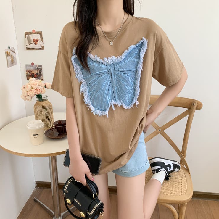 ベージュ | デニム刺繡蝶々綿100％Tシャツ シャツ 韓国ファッション | Sibra