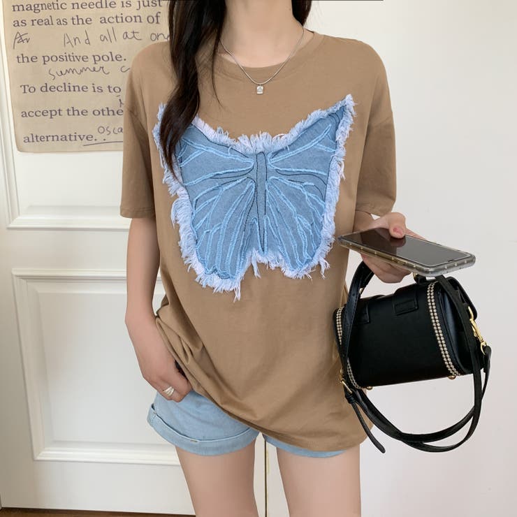 デニム刺繡蝶々綿100％Tシャツ シャツ 韓国ファッション | Sibra | 詳細画像5 