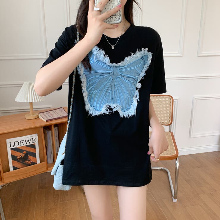 デニム刺繡蝶々綿100％Tシャツ シャツ 韓国ファッション | Sibra | 詳細画像6 