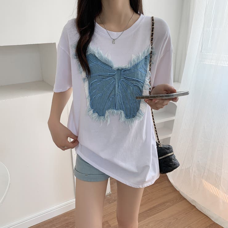 デニム刺繡蝶々綿100％Tシャツ シャツ 韓国ファッション | Sibra | 詳細画像7 