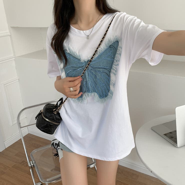 デニム刺蝶々綿100％Tシャツ シャツ  韓国ファッション[品番：SHNW0009369]｜Sibra（シブラ）のレディースファッション通販｜SHOPLIST（ショップリスト）