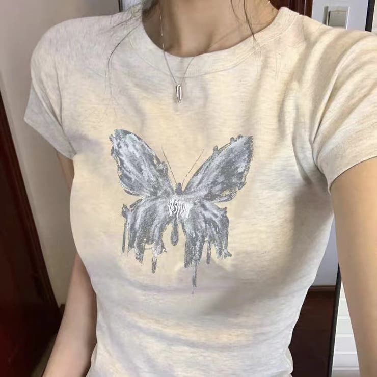 蝶々クロップド丈半袖Tシャツ 半袖 大人[品番：SHNW0009323