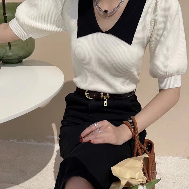 ピーターパンカラー半袖サマーニット 夏服 韓国ファッション