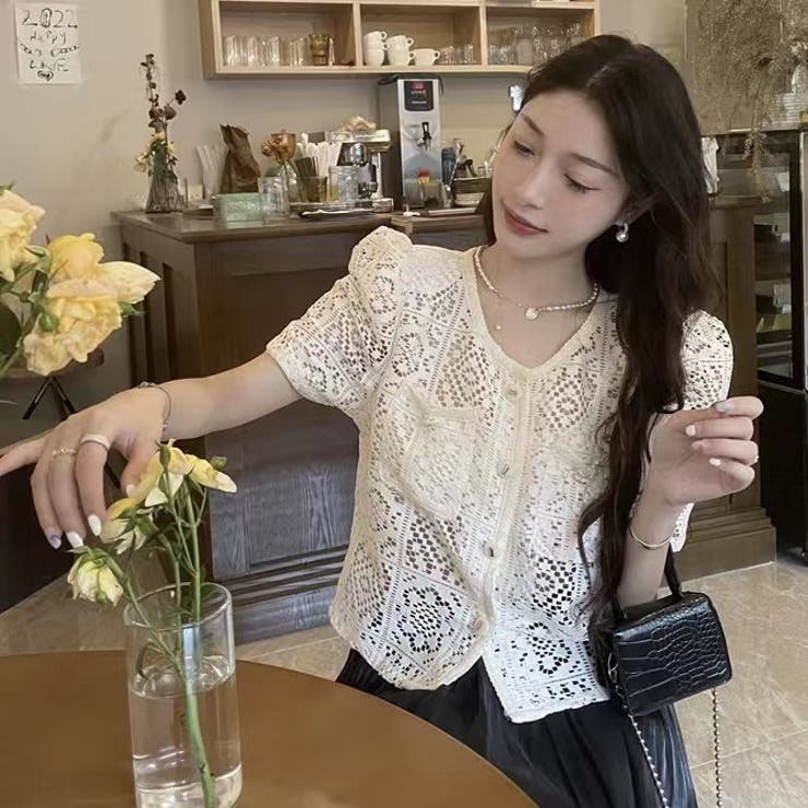 刺繍レースカーディガン 韓国ファッション オフィスカジュアル
