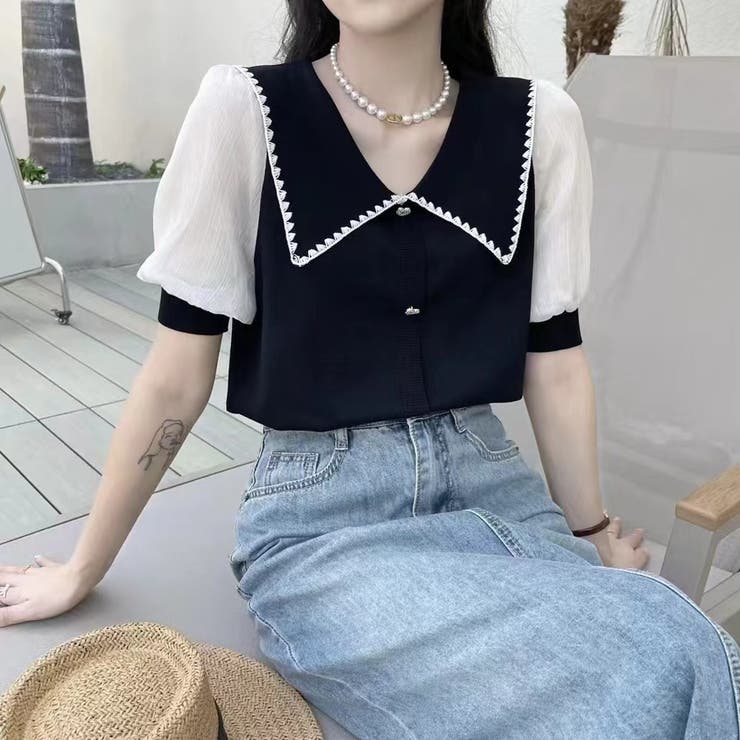 ブラック1 | ストライプボリューム袖ブラウス セクシー 夏服 | Sibra