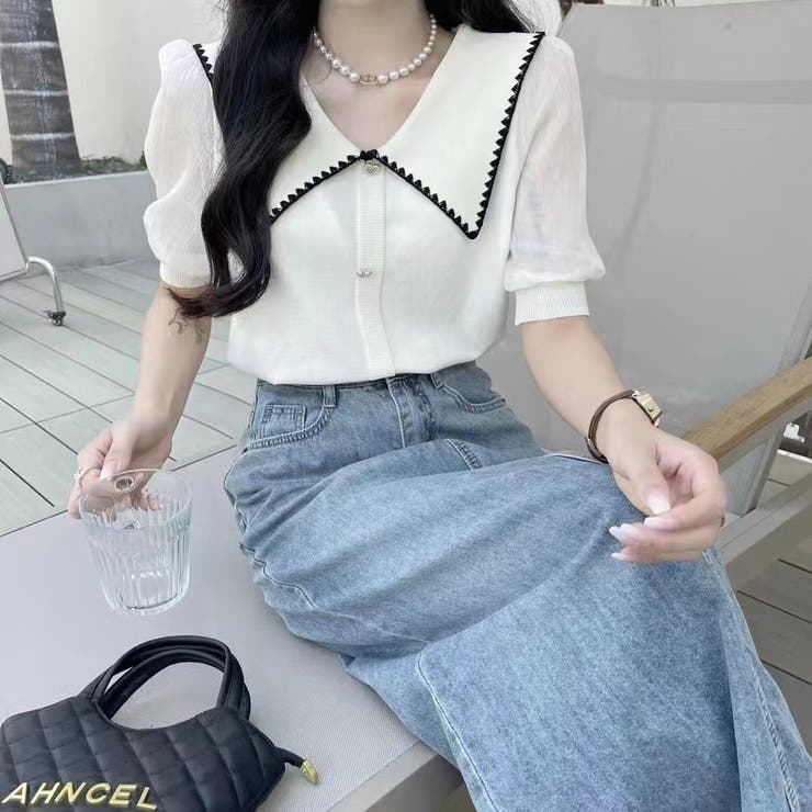 ホワイト1 | ストライプボリューム袖ブラウス セクシー 夏服 | Sibra