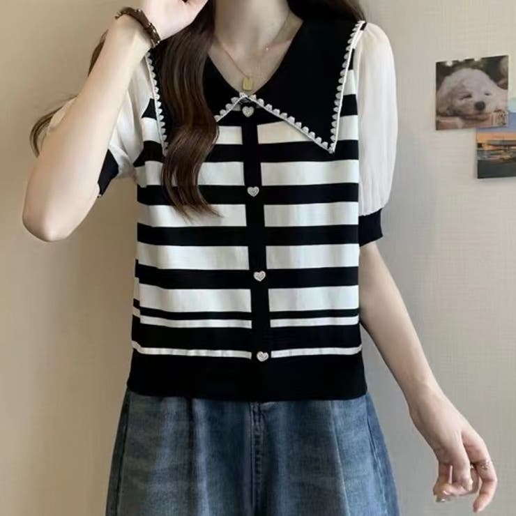 ブラック | ストライプボリューム袖ブラウス セクシー 夏服 | Sibra