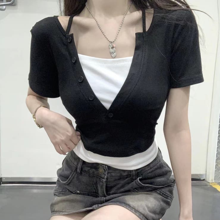 後ろリボン配色半袖Tシャツ 夏服 セクシー | Sibra | 詳細画像2 