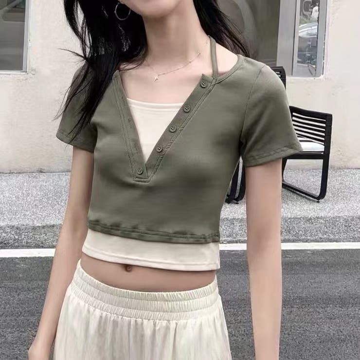 後ろリボン配色半袖Tシャツ 夏服 セクシー | Sibra | 詳細画像10 