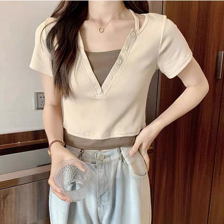 ベージュ | 後ろリボン配色半袖Tシャツ 夏服 セクシー | Sibra