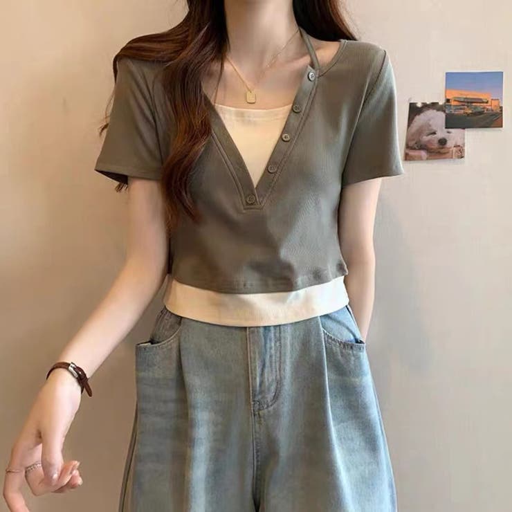 カーキ | 後ろリボン配色半袖Tシャツ 夏服 セクシー | Sibra