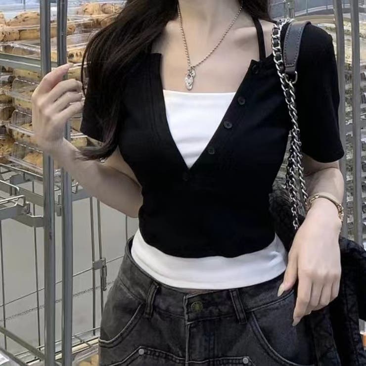 後ろリボン配色半袖Tシャツ 夏服 セクシー | Sibra | 詳細画像3 