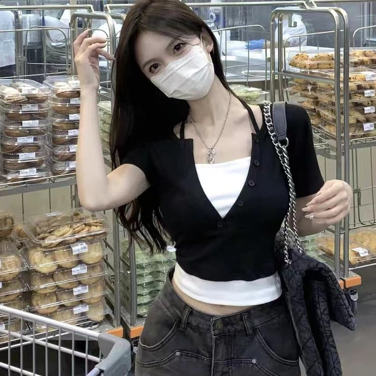 後ろリボン配色半袖Tシャツ 夏服 セクシー | Sibra | 詳細画像6 