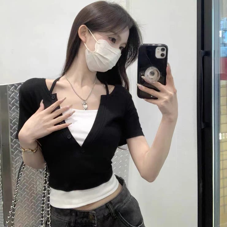 後ろリボン配色半袖Tシャツ 夏服 セクシー | Sibra | 詳細画像7 