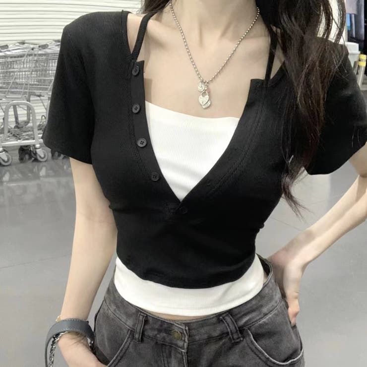 後ろリボン配色半袖Tシャツ 夏服 セクシー | Sibra | 詳細画像9 