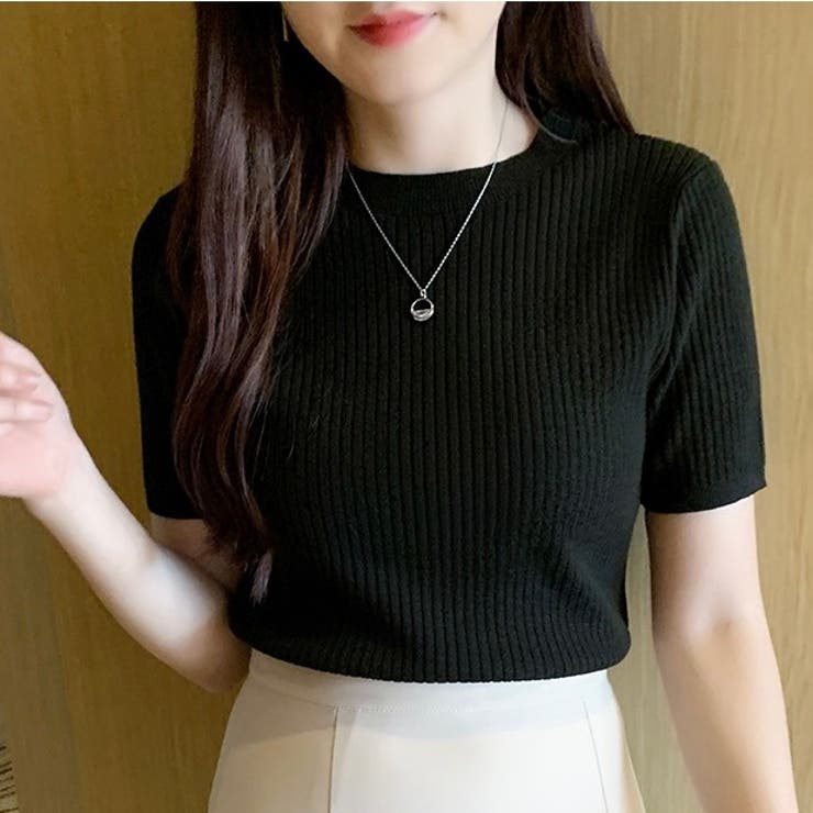 ブラック | 半袖ニットトップス 夏服 韓国ファッション | Sibra