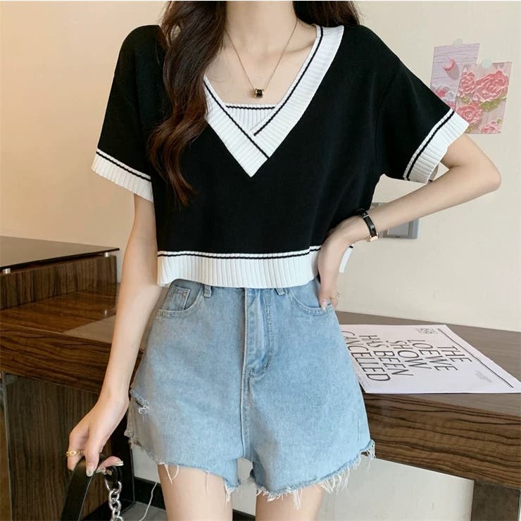 Vネックショートニットトップス 夏服 韓国ファッション | Sibra | 詳細画像5 