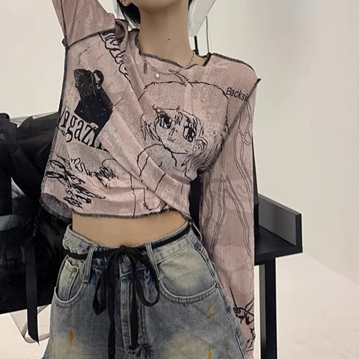 プリント長袖シアートップス 韓国ファッション 夏服[品番