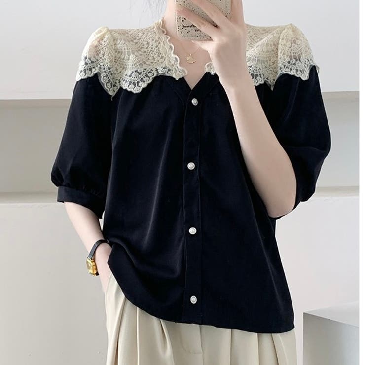 配色刺繍レースブラウス ショートブラウス 韓国ファッション[品番